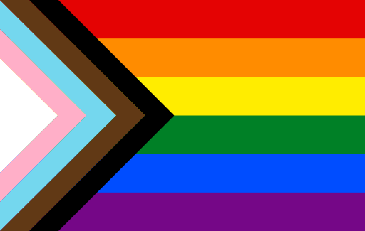An inclusive pride flag with horizontal stripes in red, orange, yellow, green, blue, and purple. On the left, a chevron with stripes in white, pink, light blue, brown, and black points right.
